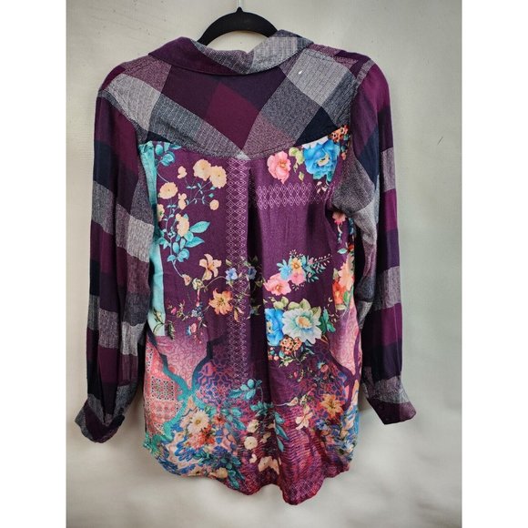 Tolani Collection Purple Plaid Floral Back Button Front Tunic Top Small - Picture 5 of 6